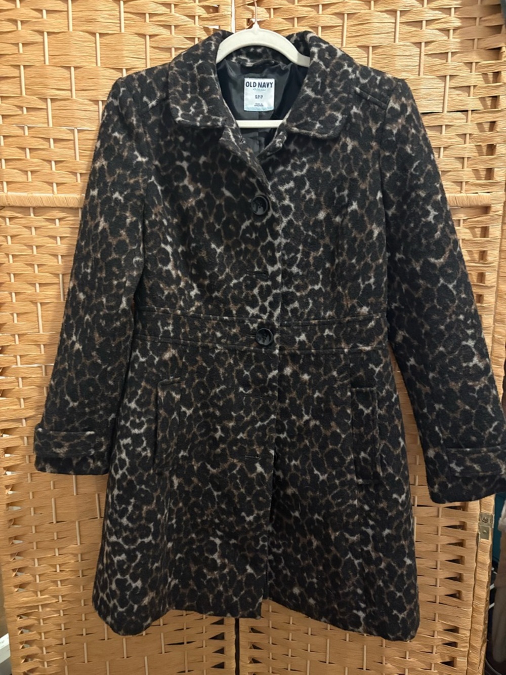 Old Navy Women's Leopard Print Wool-Blend Pea Coat Cinched Waist - Black/Brown
